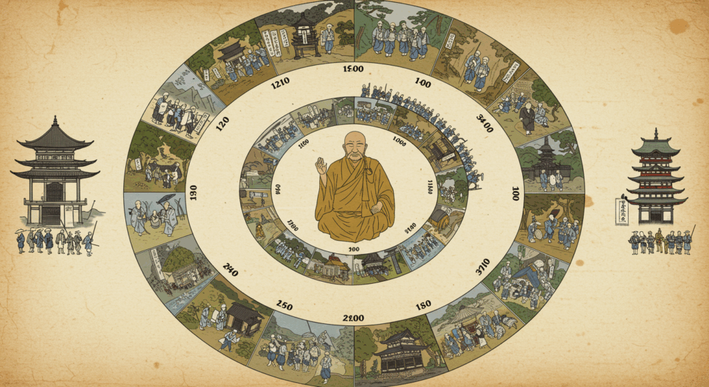 Historical timeline illustration showing the evolution of Kobo Daishi legends. Kobo Daishi (WITHOUT ANY FACIAL HAIR) is pos