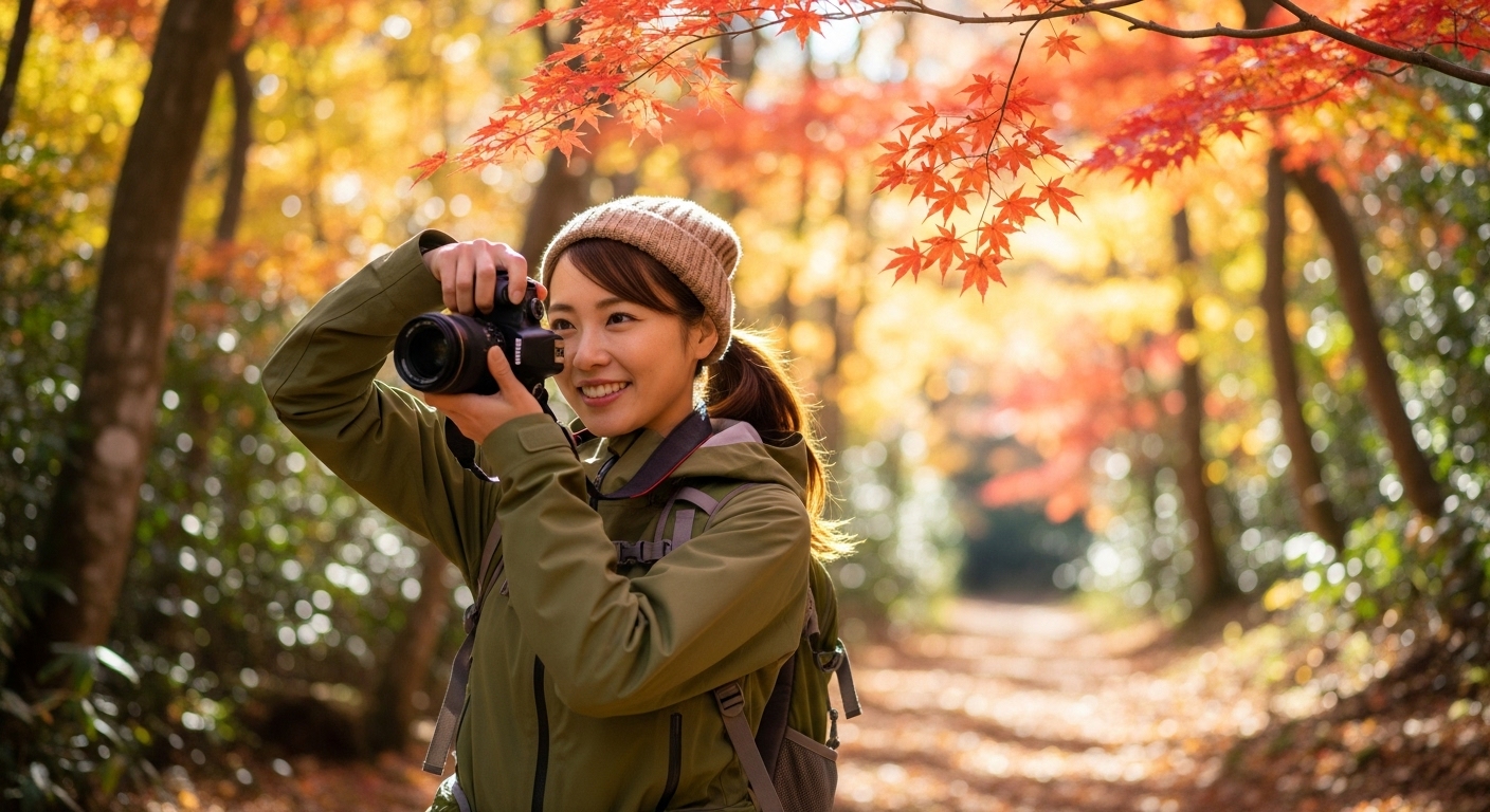カメラを構えて高尾山の紅葉を撮影している人
