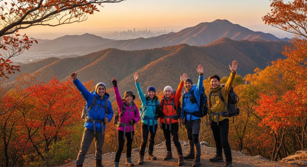 hikers-celebrating-takaosan-summit-autumn