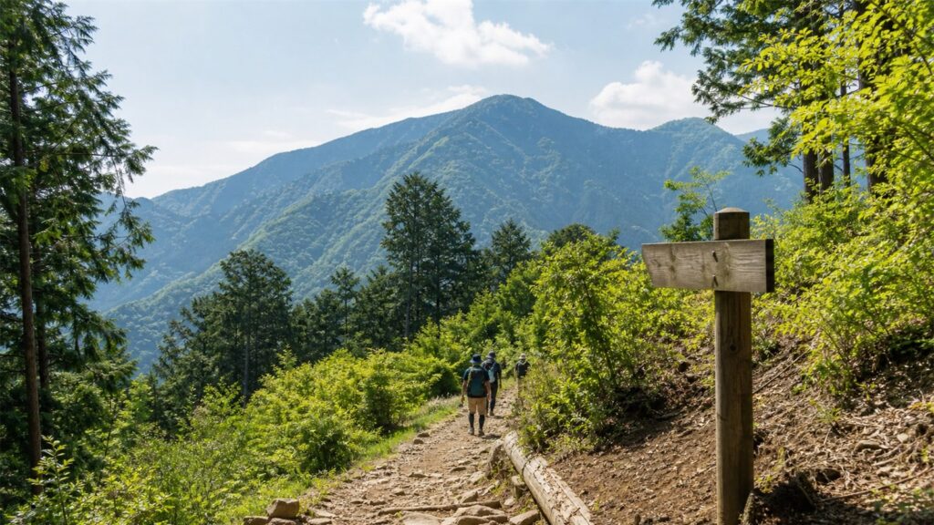 高尾山の緑の登山道と登山者(遭難と安全対策のイメージ)