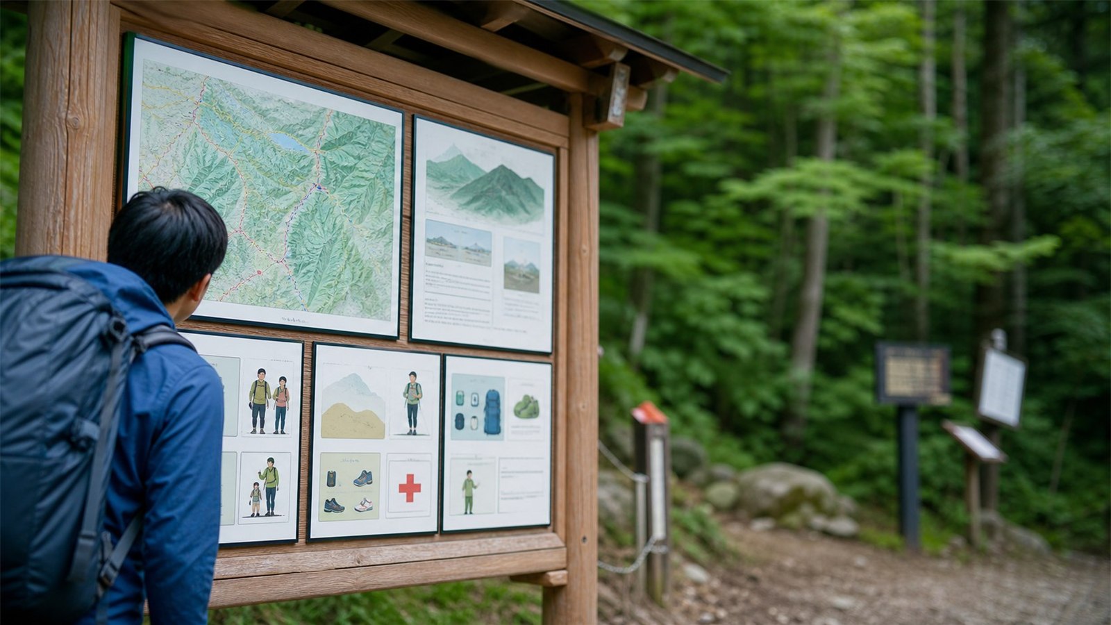 高尾山登山口の注意喚起の看板と地図