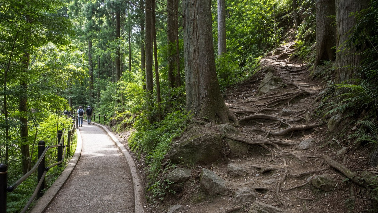 高尾山の舗装路と自然の山道の地形の違い
