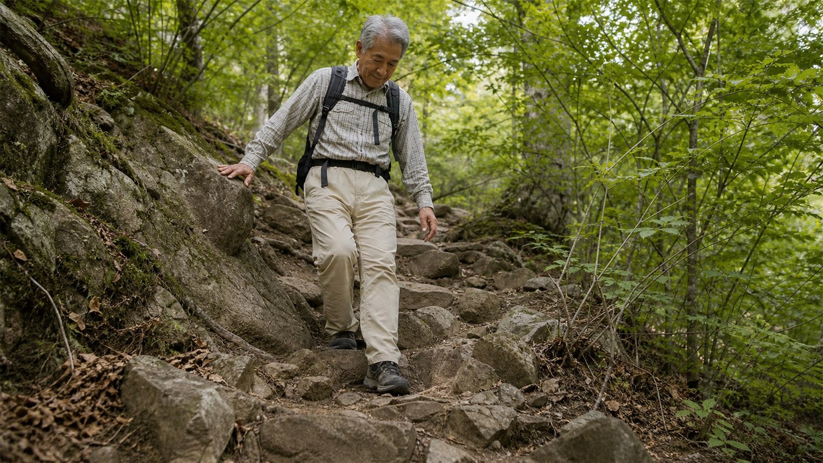 急な下りを慎重に降りる中高年の登山者