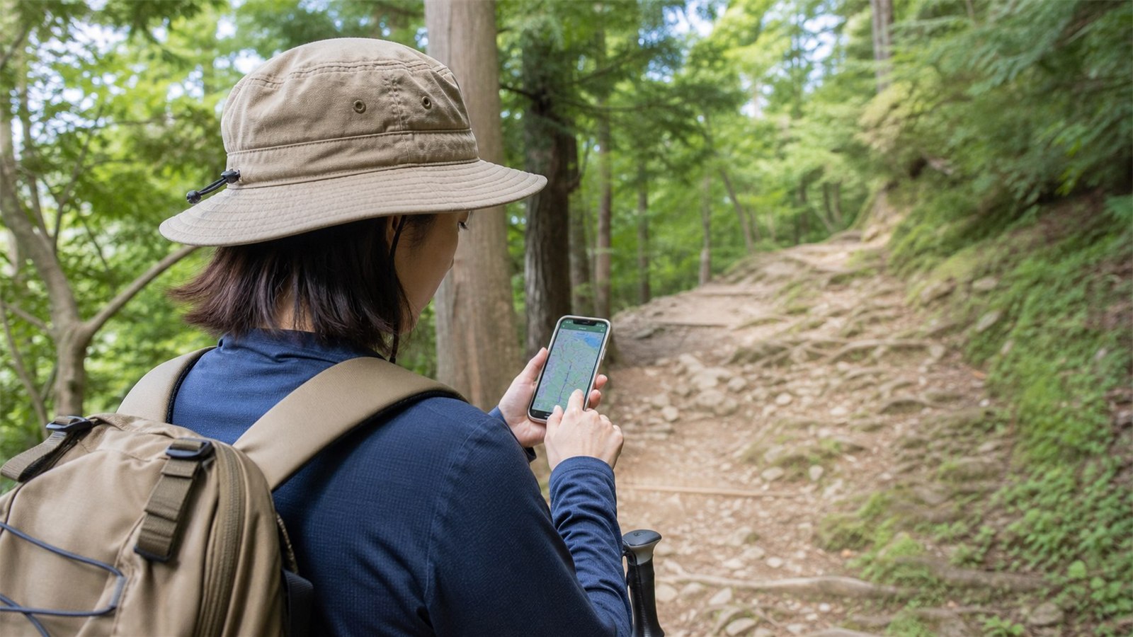 スマホの地図アプリを確認する登山者
