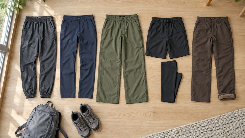 高尾山の日帰り登山に使える速乾ストレッチのパンツを形ごとに並べた様子(ジョガー・テーパード・ワイド・ショーツ・裏地付き)