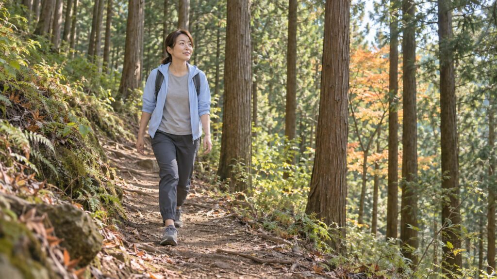 速乾Tシャツにメッシュの羽織り、ジョガーパンツとトレイルシューズで秋の杉林の山道を歩く女性