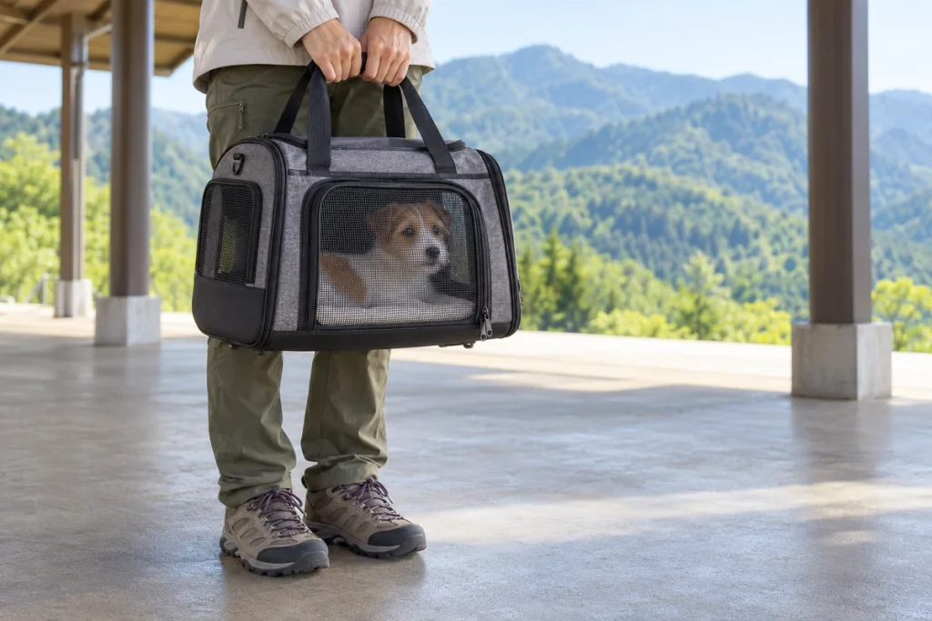 全身をキャリーケースに入れて、ケーブルカーに乗る準備をした小型犬