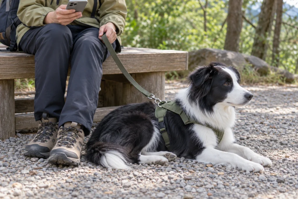 出かける前にスマートフォンで情報を確かめる犬連れの飼い主