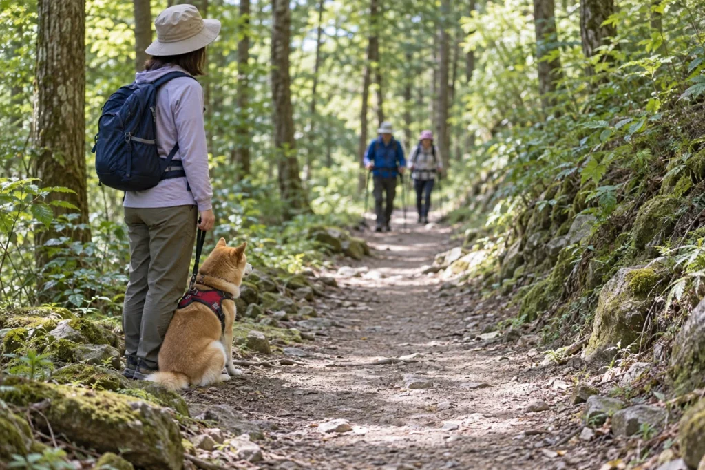 登山道の端で犬を脇に座らせ、すれ違う登山者に道を譲る飼い主