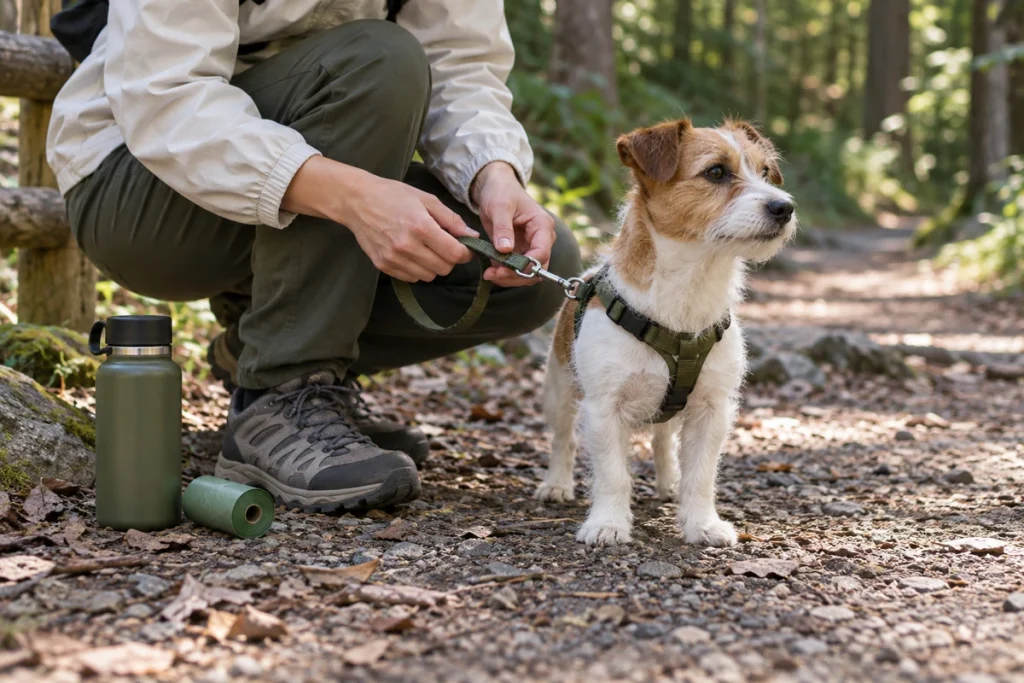 リードを短く持ち、フン袋と水を用意する犬連れの飼い主の手元
