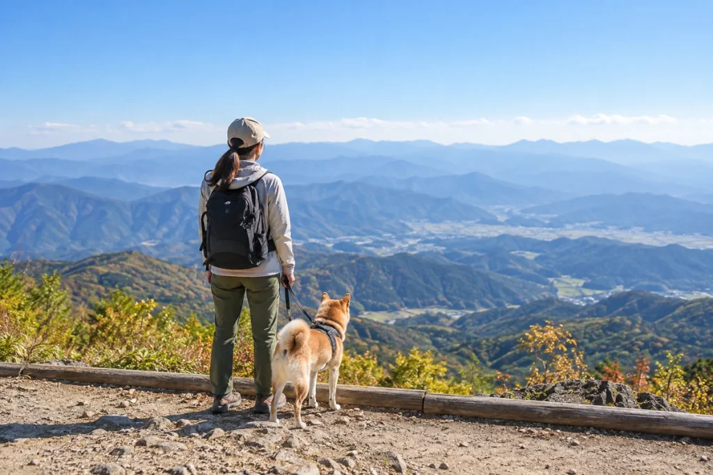 晴れた山の上で、遠くの山並みを眺める飼い主と犬の後ろ姿